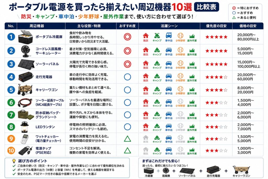 ポータブル電源を購入した後に揃えたい周辺機器10選の比較表。ポータブル冷蔵庫、コードレス扇風機、ソーラーパネル、走行充電器、キャリーワゴン、ソーラー延長ケーブル、防水収納バッグ、LEDランタン、ワットチェッカー、電源タップについて、おすすめ度、活躍シーン、価格目安を一覧で比較している図解。