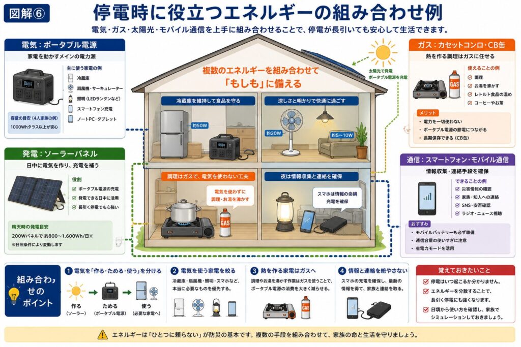 停電時に役立つエネルギーの組み合わせを解説した図解。ポータブル電源、ソーラーパネル、カセットコンロ、スマートフォンを組み合わせた4人家族向けの防災対策例と、電気・ガス・太陽光を活用したエネルギーの多重化を分かりやすく紹介した図。
