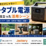 ポータブル電源の活用シーン。停電対策、少年野球、DIY、草刈り、車中泊、アウトドア、出張施術など幅広い用途を紹介。