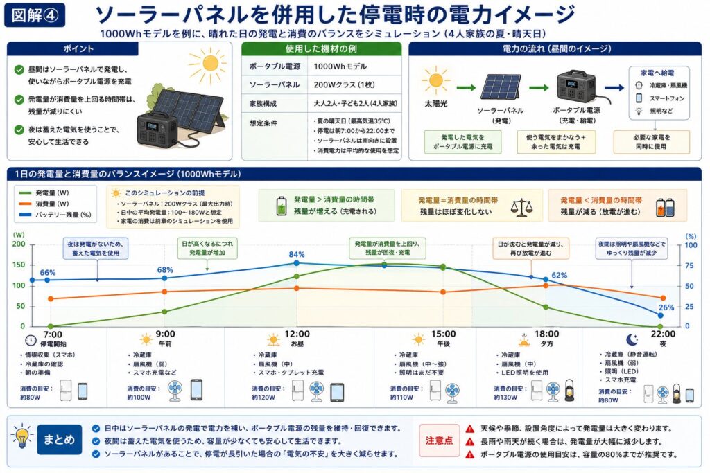 1000Whクラスのポータブル電源とソーラーパネルを組み合わせた停電シミュレーション。日中の発電量と消費電力のバランス、バッテリー残量の推移、電力の流れを時系列でまとめた図解。