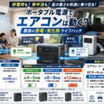 真夏の停電したリビング、あるいはミニバンの車内を舞台に、大型ポータブル電源が家庭用エアコン（またはポータブルエアコン）に電力を供給し、さらにDCモーターサーキュレーターが冷気を循環させている。空間を限定し、科学的な気化熱を利用した「最強の節電冷却システム」を描いた実用的なグラフィック