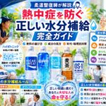 清潔感のある医療・健康管理のトーンをベースに、ポカリスエット、アクエリアス、経口補水液、麦茶などが並び、アイソトニックとハイポトニックの浸透圧の違いや、子ども・高齢者・オフィスワーカーそれぞれの年代別に最適化された水分補給ルールをグラフィカルに表現したインフォグラフィック風のイラスト