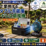 炎天下の庭でマキタのバッテリー式草刈機が置かれ、その横でポータブル冷蔵庫とコードレス扇風機から冷気や風が出ている、プロの熱中症対策の風景