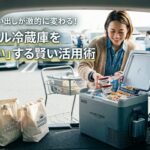車のトランクにポータブル冷蔵庫を置き、冷凍食品を収納している様子