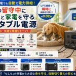 夏のリビングで涼しそうに過ごす犬や猫と、その横でエアコンや見守りカメラに電力を供給し続けているUPS(自動切り替え)機能付きの大容量ポータブル電源のリアルな風景