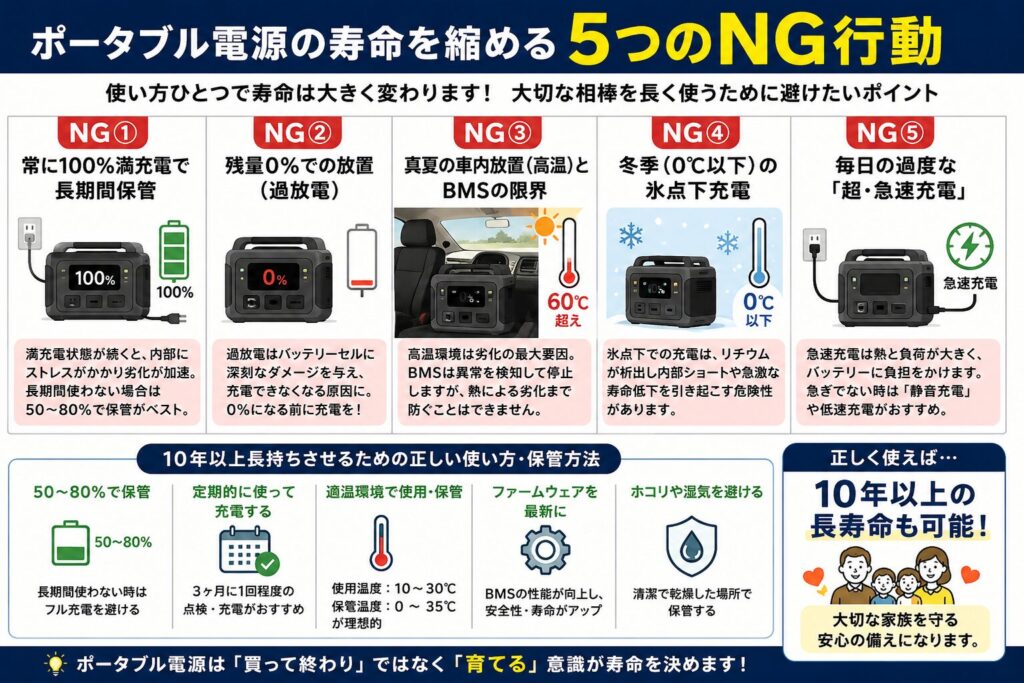 ポータブル電源の寿命を縮める5つのNG行動をまとめた図解。満充電保管、0％放置、真夏の車内放置、氷点下での充電、急速充電の多用がバッテリー劣化につながることを解説。