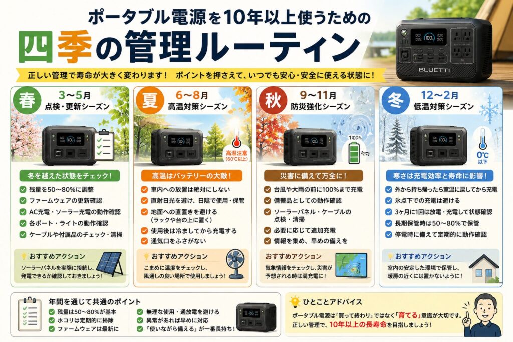 ポータブル電源を10年以上長持ちさせるための四季別管理ルーティンをまとめた図解。春・夏・秋・冬それぞれの点検や保管、充電、高温・低温対策、防災準備など年間を通した正しい管理方法を解説。