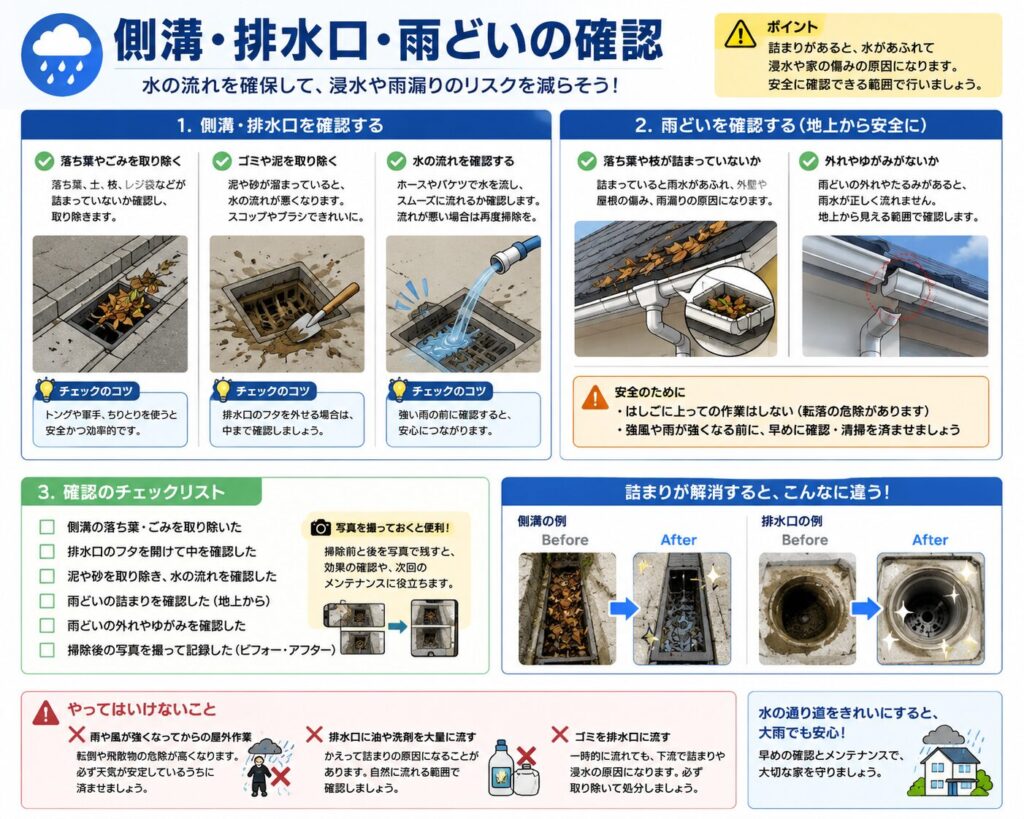 台風前に確認したい側溝、排水口、雨どいの点検方法をまとめた図解。
側溝や排水口では、落ち葉、土、枝、ビニール、ごみ、泥などを取り除き、水がスムーズに流れるか確認することを示している。
排水口のふたを外す場合は、安全に扱える範囲にとどめ、掃除後は元に戻すことを案内している。
雨どいは地上から確認し、落ち葉や枝の詰まり、外れ、ゆがみなどがないかを見ることを説明している。
はしごや脚立を使った高所作業は避け、異常がある場合は専門業者へ相談するよう注意している。
また、掃除前後の写真を撮ると、詰まりの解消や今後のメンテナンスに役立つことを示している。
雨や風が強くなってから屋外作業をしないこと、排水口へ油や洗剤を大量に流さないこと、ごみを排水口へ流さず回収して処分することも注意点としてまとめている。
