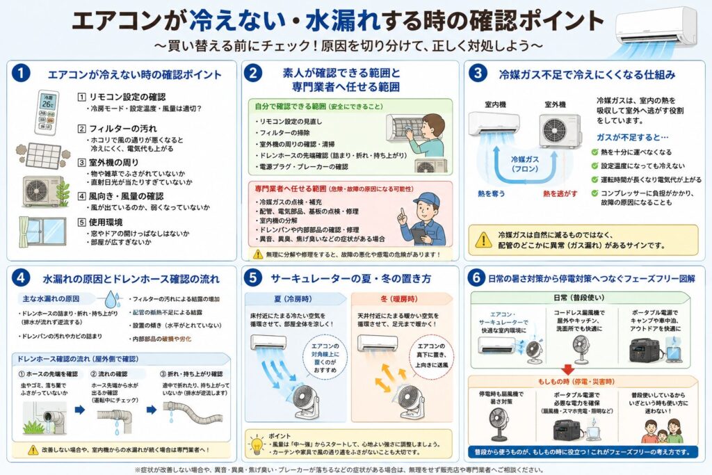 エアコンが冷えない時に買い替える前に確認したいポイントをまとめた図解。リモコン設定やフィルターの汚れ、室外機周辺の確認など家庭でできる点検と、冷媒ガス不足の仕組み、専門業者へ任せるべき範囲、水漏れの主な原因、サーキュレーターの活用方法、停電時にも役立つフェーズフリーの考え方を分かりやすく紹介しています。