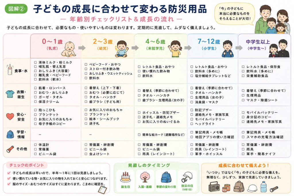 子どもの成長に合わせて変わる防災用品を年齢別にまとめた図解。乳児から中学生まで、必要な備えや見直しのタイミングを分かりやすく紹介しています。