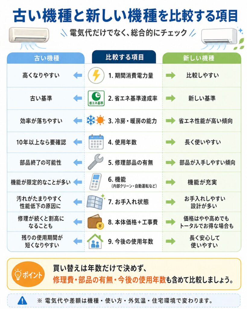 古いエアコンと新しいエアコンを比較する項目をまとめた図。期間消費電力量、省エネ基準達成率、冷暖房能力、使用年数、修理部品の有無、搭載機能、お手入れのしやすさ、本体価格と工事費、今後の使用予定年数を確認し、電気代だけでなく総合的に買い替えを判断することを示している。