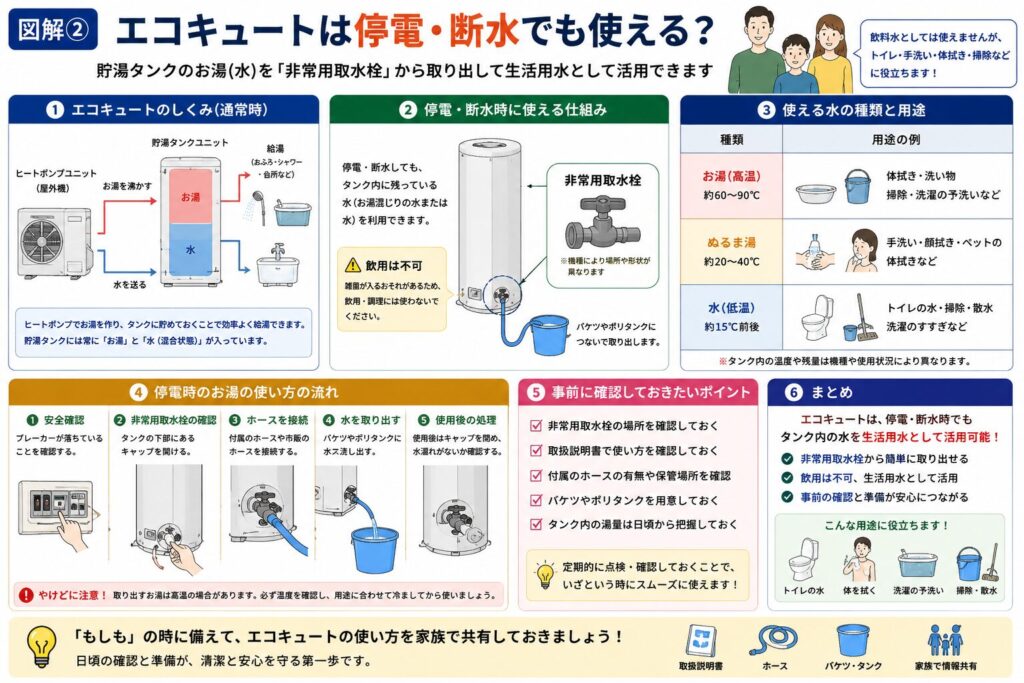 停電や断水時にエコキュートを活用する方法をまとめた図解。通常時の仕組み、停電・断水時に非常用取水栓から生活用水を取り出す方法、飲用には適さない理由、生活用水として使える用途（体拭き・トイレ・掃除・洗濯の予洗いなど）、事前に確認しておきたいポイントをイラスト付きで分かりやすく解説しています。