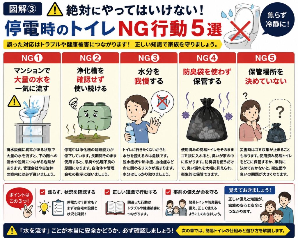 停電時に絶対に避けたいトイレのNG行動5選をまとめた注意喚起の図解。①マンションで大量の水を一気に流す、②浄化槽を確認せず使い続ける、③トイレを我慢するために水分補給を控える、④防臭袋を使わず使用済み簡易トイレを保管する、⑤保管場所を決めていない、の5項目をイラスト付きで解説。それぞれの行動が漏水・悪臭・脱水・感染症・衛生環境悪化などにつながる危険性を示し、「まずは落ち着いて住宅設備と状況を確認することが大切」とまとめている。