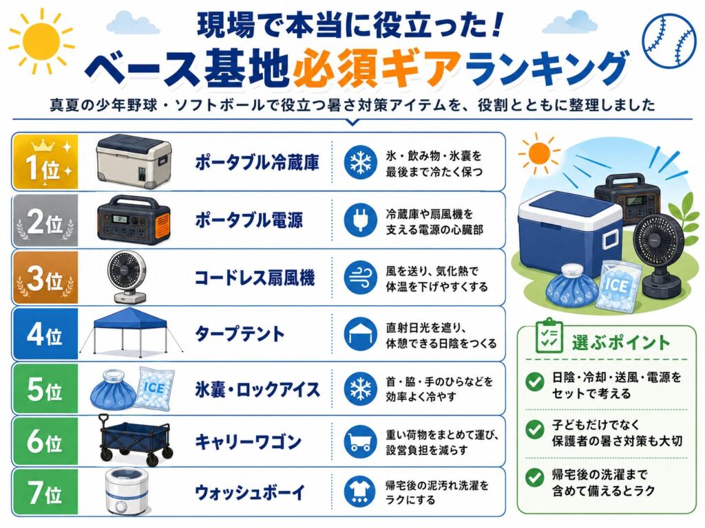 真夏の少年野球やソフトボールで役立つ「ベース基地」の必須ギアをランキング形式でまとめた図解。1位はポータブル冷蔵庫で、氷や飲み物、氷嚢を最後まで冷たく保つ役割。2位はポータブル電源で、冷蔵庫やコードレス扇風機を支える電源の心臓部。3位はコードレス扇風機で、風を送り気化熱によって体温を下げやすくする。4位はタープテントで、直射日光を遮り休憩できる日陰を作る。5位は氷嚢・ロックアイスで、首や脇、手のひらなどを効率よく冷やす。6位はキャリーワゴンで、重い荷物をまとめて運び設営時の負担を減らす。7位はウォッシュボーイで、帰宅後の泥汚れ洗濯をラクにする。日陰、冷却、送風、電源、運搬、帰宅後の洗濯まで含めて、子どもと保護者を守るベース基地づくりを分かりやすく紹介した図。