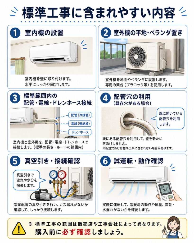 エアコンの標準工事に含まれやすい内容をまとめた図。室内機の壁面設置、室外機の地面またはベランダへの平置き、標準範囲内の配管・電線・ドレンホース接続、既存の配管穴の利用、真空引き、試運転と動作確認を示している。標準工事の範囲は販売店や工事会社によって異なるため、購入前の確認が必要である。
