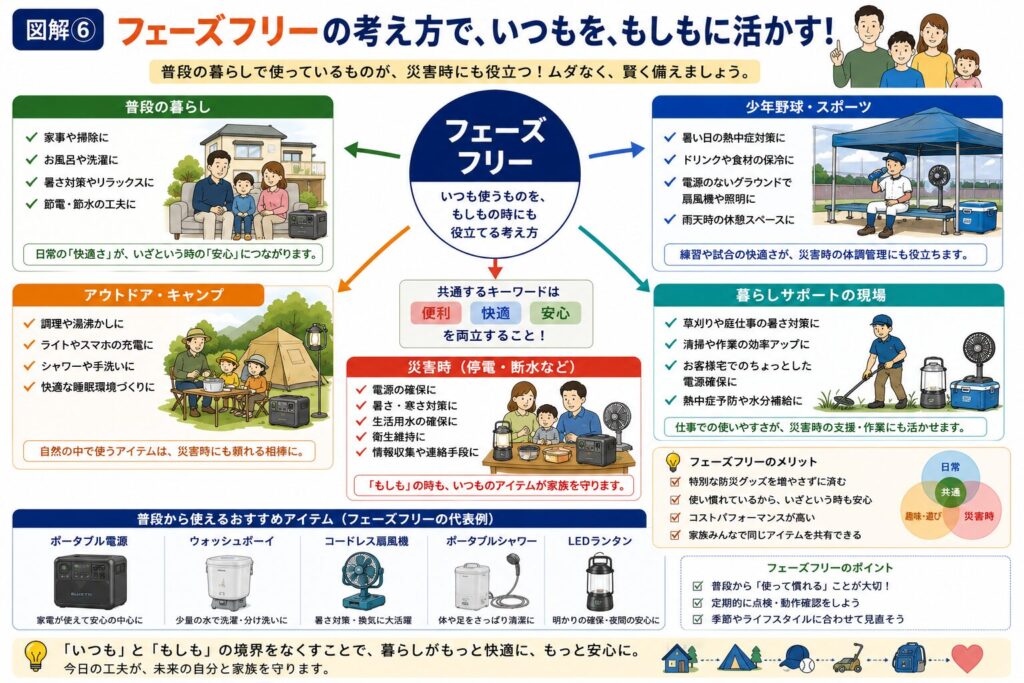 フェーズフリーの考え方を分かりやすくまとめた図解。普段の暮らし、少年野球・スポーツ、アウトドア・キャンプ、暮らしサポートの現場で日常的に使用しているアイテムが、停電や断水などの災害時にもそのまま役立つことを紹介しています。ポータブル電源、ウォッシュボーイ、コードレス扇風機、ポータブルシャワー、LEDランタンを代表例として、日常使いと防災を両立するフェーズフリーのメリットや活用シーンをイラスト付きで分かりやすく解説しています。