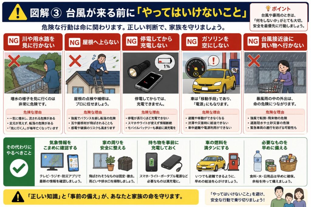 台風接近前にやってはいけない行動と、安全な行動を比較してまとめた保存版の図解です。「川や用水路を見に行かない」「屋根へ上らない」「停電してから充電しない」「ガソリンを空にしない」「台風接近後に買い物へ行かない」という5つの危険な行動をイラスト付きで解説するとともに、その代わりに行うべき備えとして、気象情報の確認、家の周囲の安全点検、スマートフォンやモバイルバッテリー・ポータブル電源の事前充電、車の燃料を満タンにすること、防災用品や食料・飲料水を早めに準備する重要性を分かりやすく紹介した図解です。