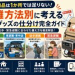 在宅避難・車避難・徒歩避難・緊急避難ごとに必要な防災用品を仕分ける考え方をまとめたイラスト。