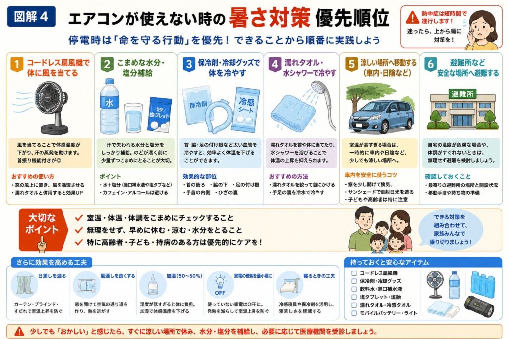 エアコンが使えない停電時に実践したい暑さ対策の優先順位を分かりやすくまとめた図解。コードレス扇風機で風を作る、水分・塩分をこまめに補給する、保冷剤や冷感グッズで首・脇・足の付け根など太い血管を冷やす、濡れタオルやシャワーで体温を下げる、車内や日陰など涼しい場所へ移動する、必要に応じて避難所を利用するという6つの対策をイラスト付きで解説。さらに、室温や体調の確認、日差し対策、風通しの確保、最低限備えておきたい暑さ対策グッズも紹介し、真夏の停電時に家族を熱中症から守るための行動をまとめた保存版インフォグラフィック。