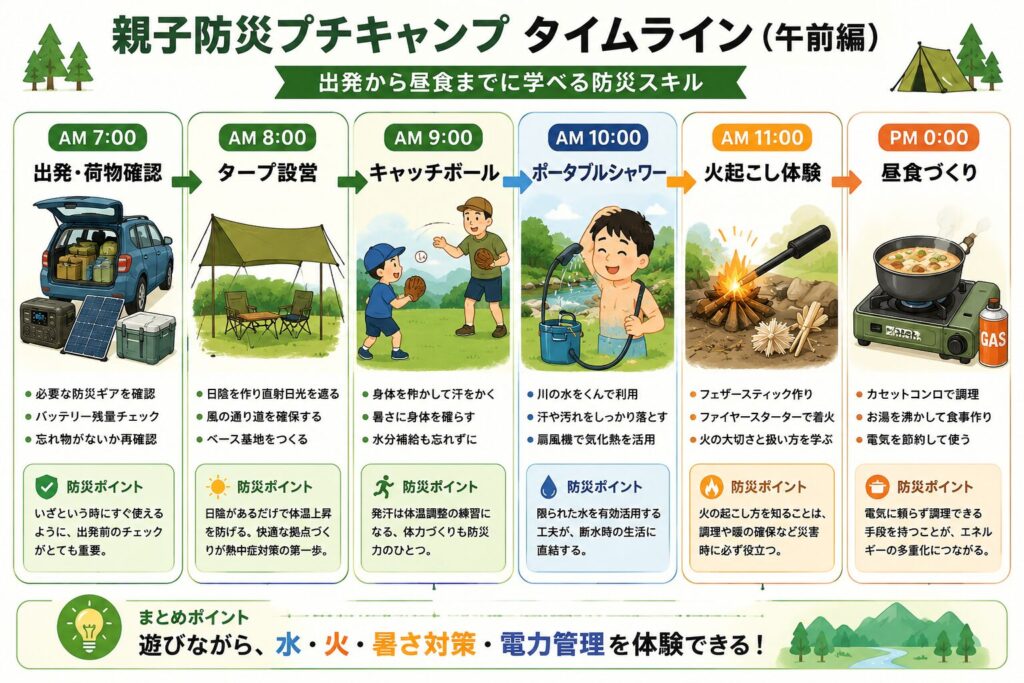 親子で楽しみながら防災を学ぶプチキャンプの午前中の流れをまとめたタイムライン図。出発・荷物確認、タープ設営、キャッチボール、ポータブルシャワー、火起こし体験、昼食づくりまでを時系列で紹介し、水の確保、暑さ対策、火の扱い、電力管理など防災につながるポイントを分かりやすく解説した図。