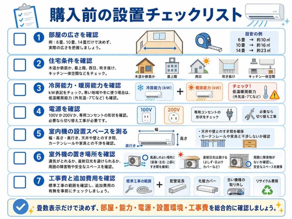 エアコン購入前に確認したい設置条件をまとめたチェックリスト。部屋の広さ、木造・鉄筋・最上階・西日・吹き抜けなどの住宅条件、冷房能力・暖房能力・低温暖房能力、100V・200Vの電源、室内機の設置寸法、室外機の置き場所、標準工事と追加費用を順番に確認する流れを示している。