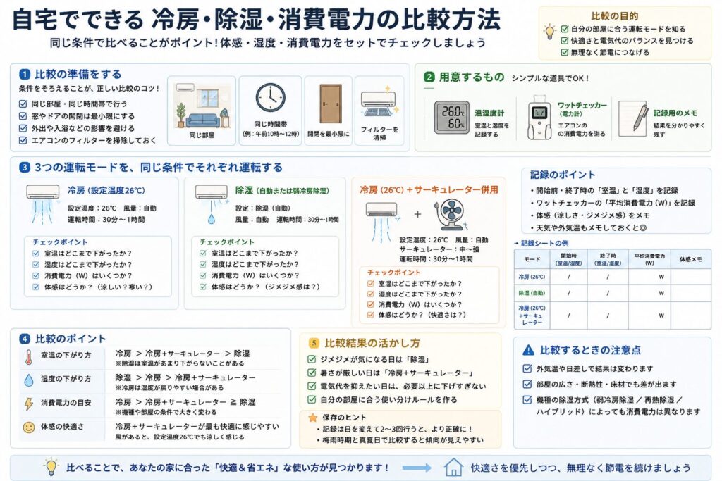 自宅で冷房、除湿、冷房とサーキュレーター併用時の室温、湿度、体感、消費電力を比較する方法を示した図解。同じ部屋と時間帯で条件をそろえ、温湿度計や電力計を使って記録し、自宅に合う使い方を見つける流れをまとめている。
