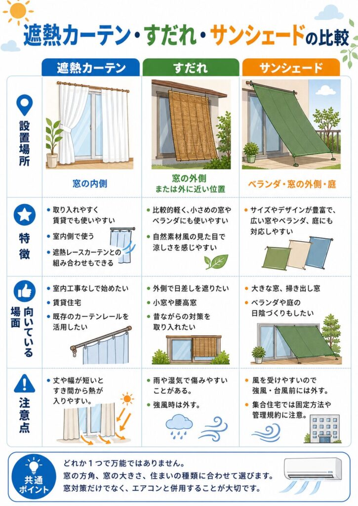 遮熱カーテン、すだれ、サンシェードの違いを比較した図解。
遮熱カーテンは窓の内側へ設置しやすく、賃貸住宅でも取り入れやすいことを示している。
丈や幅が短いと上下や左右のすき間から日差しや熱が入りやすいため、窓より少し大きいサイズを選ぶ必要があることを説明している。
すだれは窓の外側や窓に近い位置へ設置し、比較的軽く、小さな窓や腰高窓にも使いやすいことを示している。
ただし、雨や湿気で傷むことがあり、強風時には取り外す必要があると説明している。
サンシェードはベランダ、庭、掃き出し窓など広い場所に設置しやすく、窓の外側に日陰を作れる一方、風を受けやすいため強風や台風前には外す必要があることを示している。
集合住宅では、固定方法、管理規約、避難経路にも注意するようまとめている。
どれか一つですべての住宅に対応できるわけではなく、窓の方角、大きさ、住まいの種類に合わせて選び、必要に応じてエアコンと併用することが大切であると説明している。
