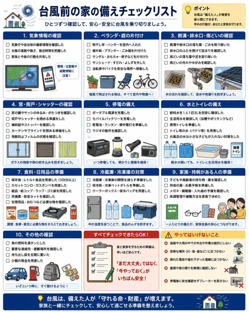 台風が接近する前に自宅で確認したい備えを、10項目に分けてまとめたチェックリスト図解。
気象庁や自治体の情報確認、家族との連絡方法、ベランダや庭の片付け、側溝・排水口・雨どいの点検、窓・雨戸・シャッターの確認を示している。
停電への備えとして、ポータブル電源、モバイルバッテリー、乾電池、ランタン、懐中電灯、防災ラジオの充電や動作確認を案内している。
断水対策では、飲料水、生活用水、簡易トイレ、トイレ用の水を準備し、浴槽へ水をためる場合は子どもの転落や溺水を防ぐ対策が必要であることを示している。
保存食、カセットコンロ、紙皿、ラップ、常備薬、救急用品、生理用品、介護用品などの日用品も確認する内容をまとめている。
冷蔵庫や冷凍庫は開閉回数を減らし、保冷剤、冷凍ペットボトル、クーラーボックス、保冷バッグを準備するよう説明している。
子ども、高齢者、持病がある人については、薬、お薬手帳、眼鏡、補聴器、介護用品を確認し、家族で体調管理や避難方法を共有することを示している。
そのほか、車の燃料、避難場所、重要な連絡先、持ち出し袋、少額の現金を確認する内容も含まれている。
強風や大雨の中で外出や屋外作業をしないこと、川や海などの危険な場所へ近づかないこと、倒れた電柱や垂れ下がった電線へ近づかないこと、停電後に安全を確認せずブレーカーを戻さないことを注意点として示している。
台風対策は「まだ大丈夫」と先延ばしにせず、雨や風が強くなる前に家族で一つずつ確認することが大切であるとまとめている。
