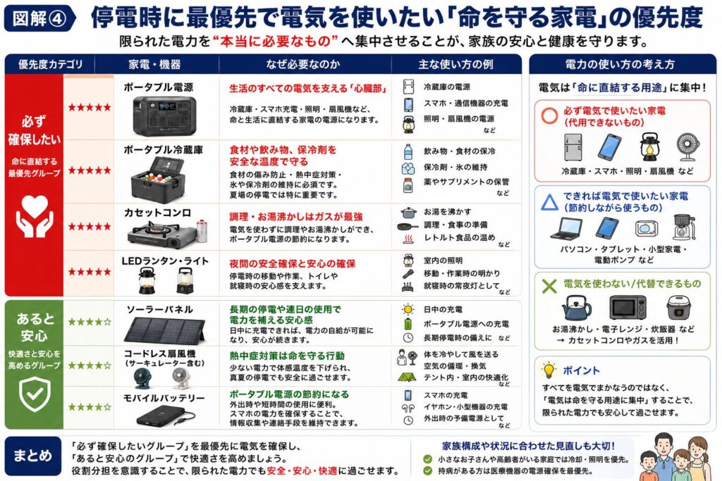 停電時に限られた電力を効率よく使うための優先度をまとめた図解。ポータブル電源、ポータブル冷蔵庫、カセットコンロ、LEDランタンを「必ず確保したい」命に直結するアイテムとして紹介し、ソーラーパネル、コードレス扇風機、モバイルバッテリーを「あると安心」なアイテムとして整理。あわせて、電気は冷蔵庫やスマートフォン、照明、扇風機など代替できない用途へ優先的に使い、調理やお湯沸かしはカセットコンロなどガスを活用する「エネルギー多重化」の考え方を分かりやすく解説した図。