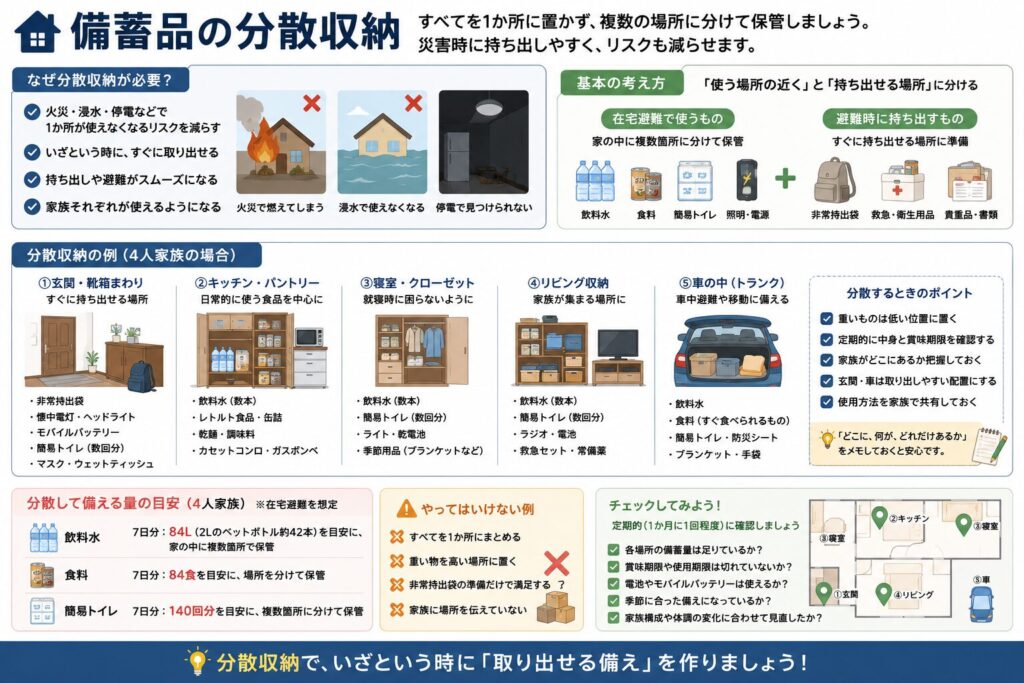 防災備蓄品を一か所へまとめず、家の中や車など複数の場所へ分けて保管する方法をまとめた図解。
火災、浸水、停電、家具の転倒などによって一つの収納場所が使えなくなった場合でも、別の場所から備蓄品を取り出せるようにする考え方を示している。
在宅避難で使う飲料水、食料、簡易トイレ、照明、電源は家の中へ分散し、避難時に持ち出す非常持ち出し袋、救急用品、貴重品、書類などは、すぐに持ち出せる場所へ準備するよう案内している。
4人家族の収納例として、玄関や靴箱周辺には非常持ち出し袋、懐中電灯、モバイルバッテリー、簡易トイレなどを置き、キッチンやパントリーには飲料水、レトルト食品、缶詰、乾麺、カセットコンロなどを保管する方法を示している。
寝室やクローゼットには飲料水、簡易トイレ、ライト、乾電池、季節用品を置き、リビング収納にはラジオ、救急用品、常備薬などを保管する例をまとめている。
車内には飲料水、すぐ食べられる食品、簡易トイレ、防災シート、手袋などを置く例を示しているが、夏の車内は高温になるため、モバイルバッテリー、ポータブル電源、薬、カセットボンベ、一部の食品を長期間置かないよう注意している。
重い物は低い位置へ置くこと、定期的に数量や賞味期限を確認すること、家族全員へ保管場所を伝えること、どこに何があるかメモを残すことも案内している。