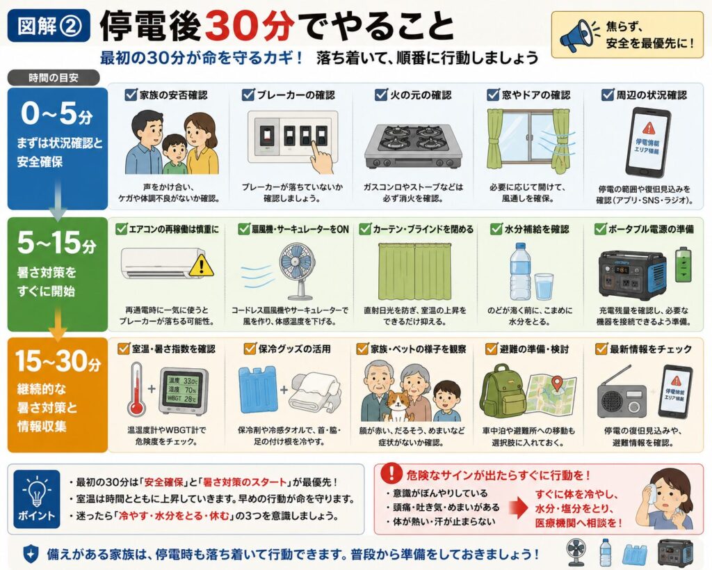 停電発生から30分以内に行うべき暑さ対策を時系列でまとめた図解。0〜5分、5〜15分、15〜30分の3段階に分け、家族の安否確認や停電情報の確認、室温上昇を防ぐためのカーテンの活用、風通しの確保、水分・塩分補給、保冷剤や濡れタオルによる身体の冷却、コードレス扇風機やポータブル電源の活用、家族やペットの体調確認、避難の判断などを分かりやすく解説。真夏の停電時に熱中症から家族を守るための初動対応をまとめた保存版インフォグラフィック。