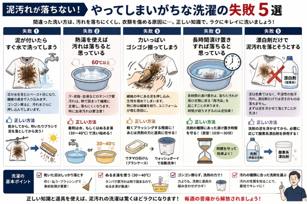 泥汚れが落ちない原因となる「やってしまいがちな洗濯の失敗5選」をまとめた図解。①泥が付いたらすぐ水で洗ってしまう、②熱湯を使えば汚れが落ちると思っている、③力いっぱいゴシゴシ擦ってしまう、④長時間漬け置きすれば落ちると思っている、⑤漂白剤だけで泥汚れを落とそうとする、という5つの失敗例について、それぞれの理由と正しい対処法をイラスト付きで分かりやすく解説している。乾いた泥を先に落とすこと、30～40℃程度のぬるま湯を使うこと、擦りすぎず洗剤やウォッシュボーイなどの道具を活用すること、洗剤ごとの適切な漬け置き時間を守ること、泥汚れは界面活性剤で浮かせてから必要に応じて酸素系漂白剤を使うことなど、少年野球のユニフォームや作業着、上履きなどの泥汚れを効率よく落とすための基本ポイントを紹介している。