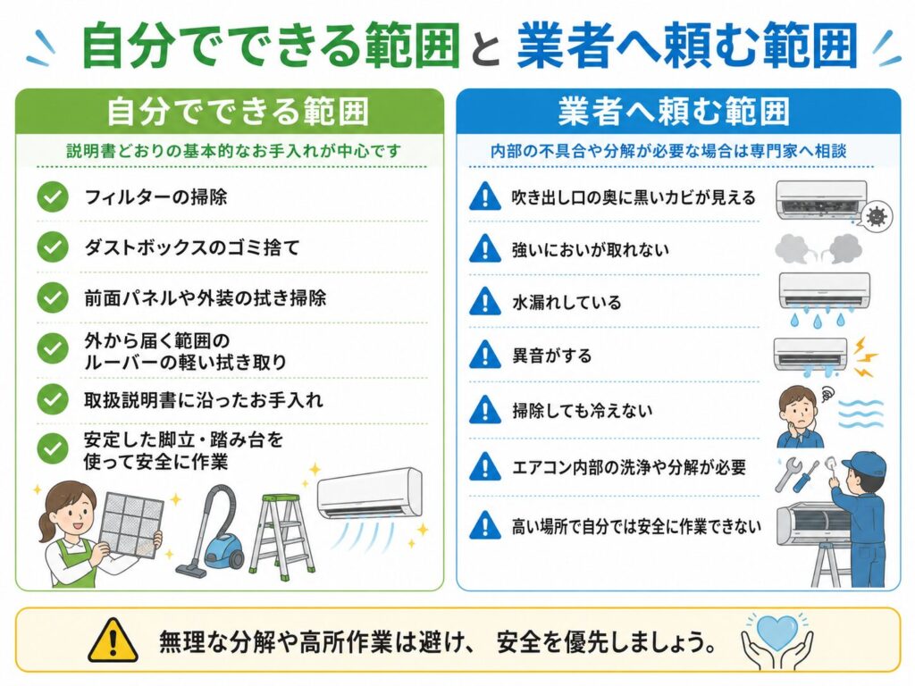エアコン掃除で自分でできる範囲と、専門業者へ依頼した方がよい範囲を比較した図解。フィルター、ダストボックス、前面パネル、外から届くルーバーは取扱説明書に従って手入れし、内部の黒いカビ、強いにおい、水漏れ、異音、掃除後も冷えない場合や高所作業は業者へ相談する目安を示している。
