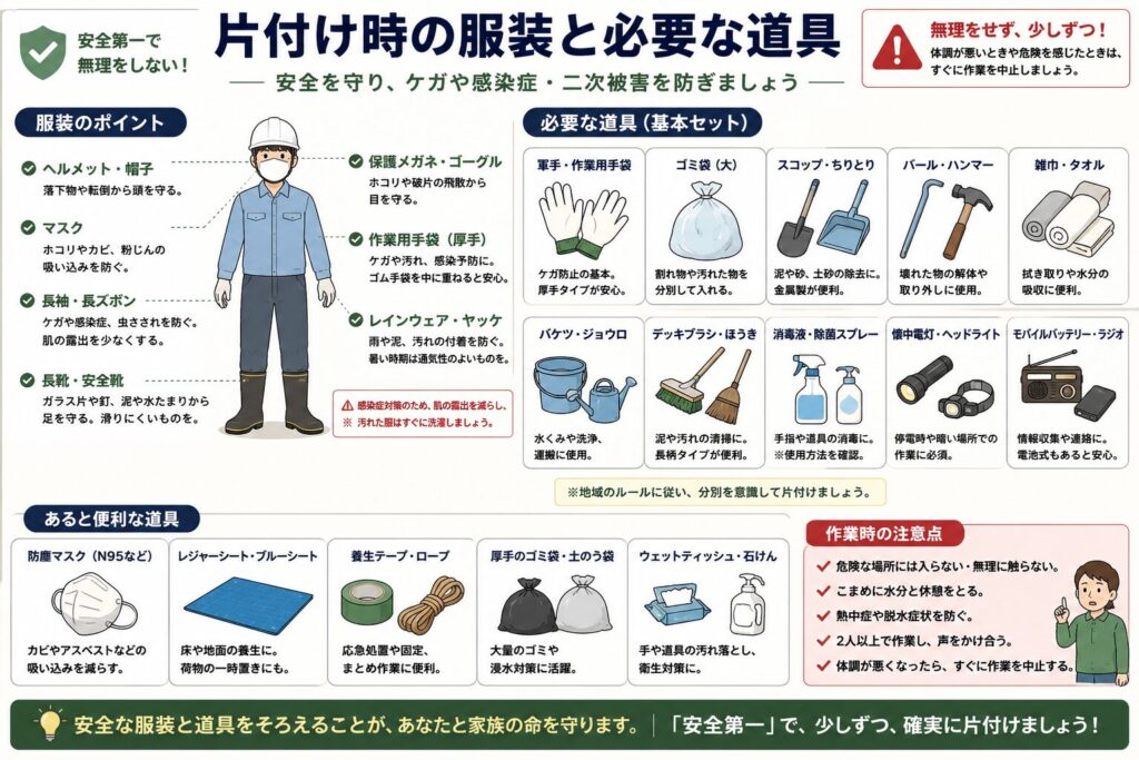 台風や地震の後に片付けを行う際の服装と必要な道具をまとめた図解。
服装は、落下物や転倒から頭を守るヘルメットや帽子、粉じんやカビの吸い込みを減らすマスク、肌を保護する長袖と長ズボン、ガラスやくぎ、泥から足を守る長靴や底の厚い安全靴を着用するよう示している。
あわせて、破片から目を守る保護眼鏡やゴーグル、けがや汚れを防ぐ厚手の作業用手袋、雨や泥がある場合のレインウェアなども案内している。
必要な道具として、丈夫なごみ袋、スコップ、ちり取り、バール、ハンマー、雑巾、タオル、バケツ、デッキブラシ、ほうき、消毒用品、懐中電灯、ヘッドライト、モバイルバッテリー、防災ラジオなどをまとめている。
さらに、防じんマスク、ブルーシート、養生テープ、ロープ、厚手の土のう袋、ウェットティッシュ、石けんなど、状況に応じて役立つ道具も示している。
作業中は危険な場所へ入らないこと、こまめに水分と休憩を取ること、熱中症や脱水を防ぐこと、できるだけ2人以上で作業すること、体調が悪くなったらすぐに中止することを注意点として説明している。
災害ごみの分別や処分方法は地域によって異なるため、自治体の案内を確認し、安全を最優先に少しずつ片付けることが大切であるとまとめている。