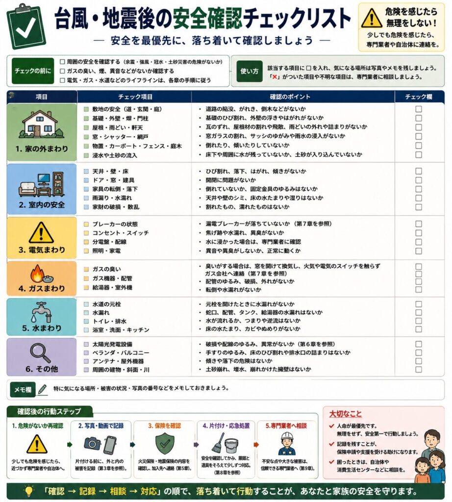 台風や地震の後に、自宅周辺と室内の安全を確認するためのチェック項目をまとめた図解。
確認前に、余震、強風、冠水、土砂災害など周囲の危険がないか確認し、ガス臭、煙、異音がある場合は建物へ近づかないことを示している。
家の外では、道路や玄関、庭、基礎、外壁、塀、門柱、屋根、雨どい、窓、シャッター、物置、カーポート、浸水跡などを安全な場所から確認する。
室内では、天井、壁、床、ドア、窓、建具、家具の転倒、雨漏り、水漏れ、家財の破損や散乱などを確認する内容を示している。
電気まわりでは、ブレーカー、コンセント、スイッチ、分電盤、配線、照明、家電に水ぬれ、焦げ跡、異臭、異音がないか確認し、異常がある場合は通電しないよう案内している。
ガスまわりでは、ガス臭、配管、給湯器、室外機などを確認し、異常を感じた場合は火気や電気のスイッチを使わず、ガス会社へ連絡することを示している。
水まわりでは、水道の元栓、蛇口、配管、給湯器、トイレ、排水、浴室、洗面所、キッチンの水漏れや逆流を確認する。
そのほか、太陽光発電設備、ベランダ、アンテナ、屋外機器、周囲の建物、斜面、川などにも注意し、危険箇所へ近づかず専門業者や自治体へ相談することをまとめている。
確認後は、危険がないか再確認し、被害を写真や動画で記録し、保険内容を確認してから、安全な範囲で片付けや応急処置を行う流れを示している。