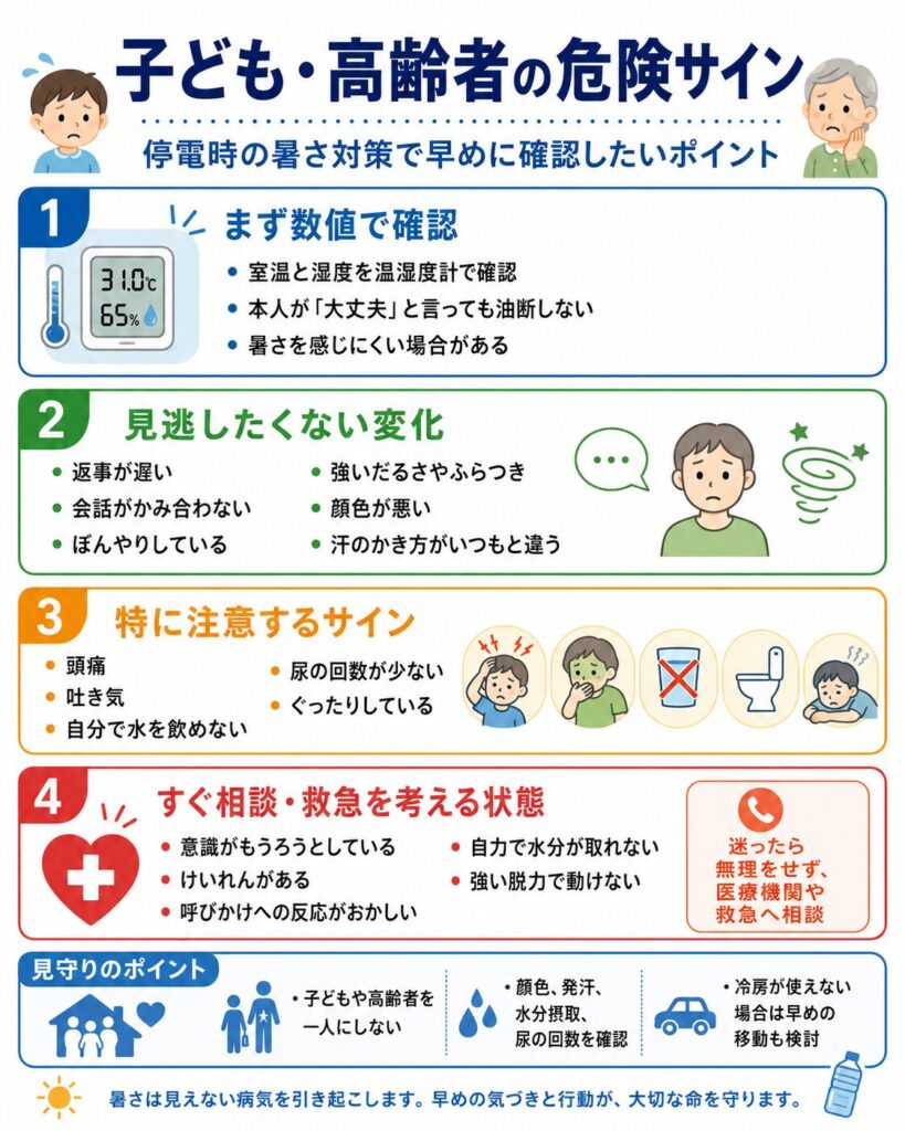 停電時に子どもや高齢者へ現れやすい暑さによる危険サインをまとめた図解。
最初に、温湿度計で室温と湿度を確認し、本人が「大丈夫」と話していても感覚だけで判断しないことを示している。
見逃したくない変化として、返事が遅い、会話がかみ合わない、ぼんやりしている、強いだるさやふらつきがある、顔色が悪い、汗のかき方が普段と違うといった状態を挙げている。
さらに、頭痛、吐き気、自分で水を飲めない、尿の回数が少ない、ぐったりしている場合は、熱中症や脱水が進んでいる可能性があるため注意が必要であると説明している。
意識がもうろうとしている、けいれんがある、呼びかけへの反応がおかしい、自力で水分を取れない、強い脱力で動けない場合は、無理に水を飲ませず、医療機関や救急へ相談する状態であることを示している。
あわせて、子どもや高齢者を一人にしないこと、顔色、発汗、水分摂取、尿の回数をこまめに確認すること、冷房が使えず室温が上がり続ける場合は、早めに涼しい安全な場所への移動を検討することをまとめている。