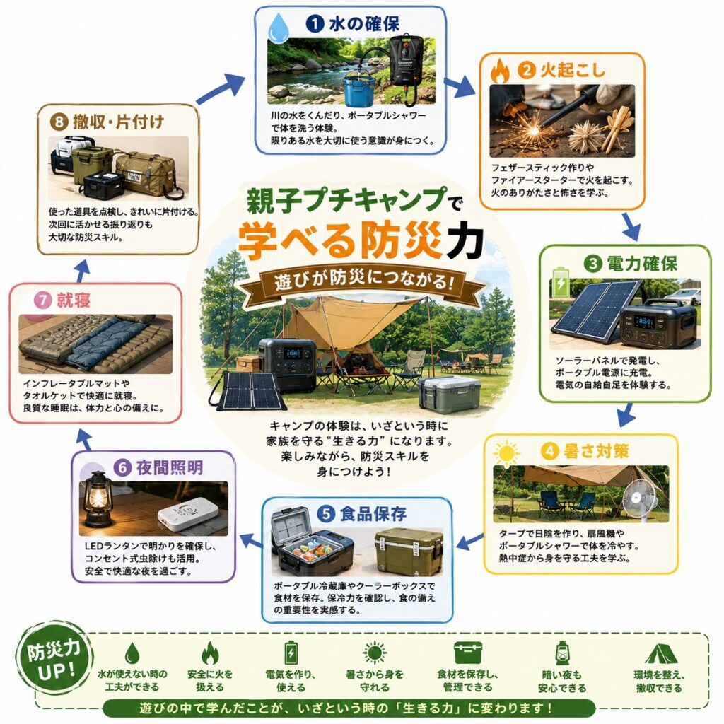 親子で楽しみながら防災力を高めるプチキャンプの流れをまとめた図解。水の確保、火起こし、電力確保、暑さ対策、食品保存、夜間照明、就寝、撤収まで、キャンプ体験が災害時の防災訓練につながることを分かりやすく紹介した図。