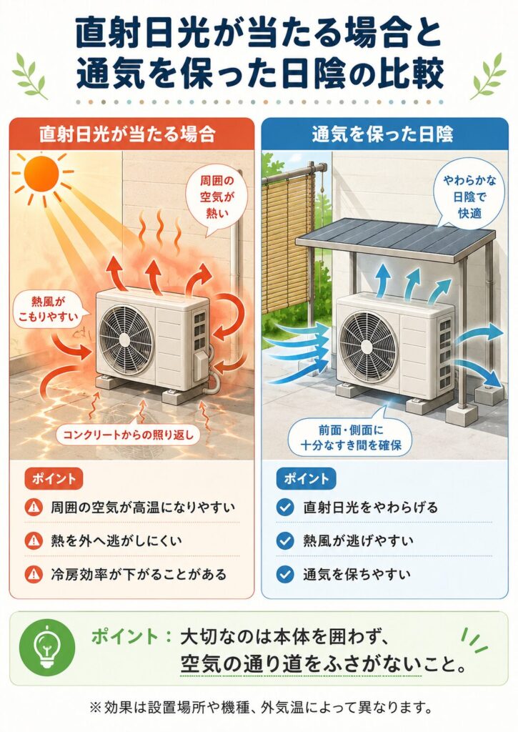 エアコン室外機に直射日光が当たる場合と、通気を保った日陰に置いた場合を比較した図解。直射日光側は周囲の空気が熱くなり、コンクリートの照り返しや熱風のこもりで冷房効率が下がることがある。一方、日陰側は上部の日よけで直射日光をやわらげつつ、前面と側面のすき間を確保して熱風を逃がしやすくし、通気を保つことが大切だと示している。
