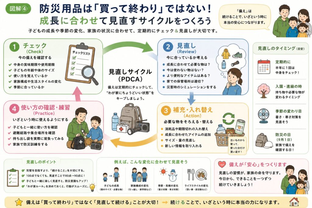 子どもの成長や家族構成の変化に合わせて、防災用品を定期的に見直す流れをまとめた図解。チェック・見直し・補充・使い方の確認を繰り返すことで、家庭に合った防災対策を続けることの大切さを紹介しています。