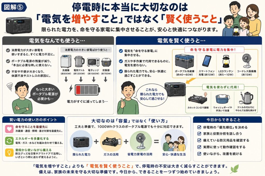 停電時に本当に大切なのは「電気を増やすこと」ではなく「賢く使うこと」という考え方をまとめた図解。消費電力の大きい洗濯機や電気ケトル、電子レンジ、炊飯器などを優先して使うとポータブル電源の残量が急激に減る一方、カセットコンロやウォッシュボーイなどで代用し、限られた電力をポータブル冷蔵庫、スマートフォン、LEDランタン、コードレス扇風機など命を守る家電へ集中させることで、1000Whクラスのポータブル電源でも安心して停電を乗り切れることを分かりやすく解説した図。エネルギーの多重化や、防災用品は普段から使い慣れておくことの重要性も紹介している。