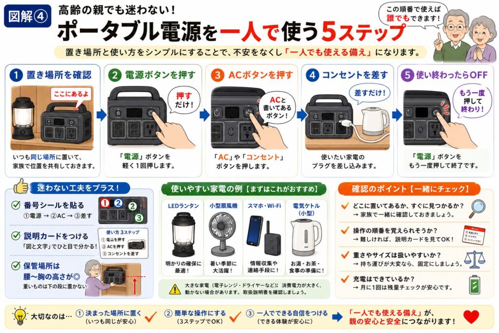高齢の親がポータブル電源を一人で操作できるようにするための図解。置き場所の確認、電源ボタン・ACボタンの操作、家電の接続、使い終わった後の電源OFFまでの5ステップと、番号シールや説明カードなど使いやすくする工夫を分かりやすく紹介しています。