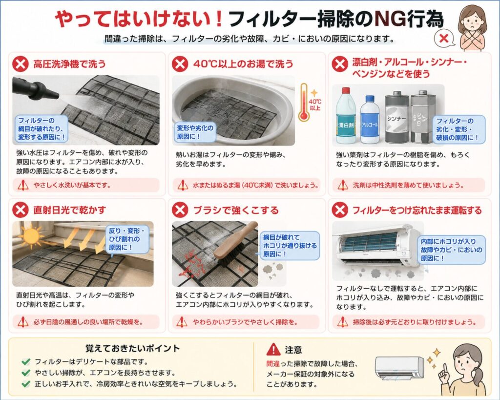 エアコンのフィルター掃除で避けたい方法をまとめた図解。高圧洗浄機や40℃以上のお湯、漂白剤やアルコール、直射日光、硬いブラシの使用、フィルターを外したまま運転することが、変形や破損、故障、カビやにおいの原因になる可能性を説明している。
