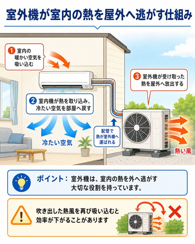 エアコンの室外機が室内の熱を屋外へ逃がす仕組みを示した図解。室内機が暖かい空気から熱を取り込み、冷たい空気を部屋へ戻し、配管で運ばれた熱を室外機が屋外へ熱い風として放出する流れを説明している。吹き出した熱風を再び吸い込むと効率が下がることも示している。
