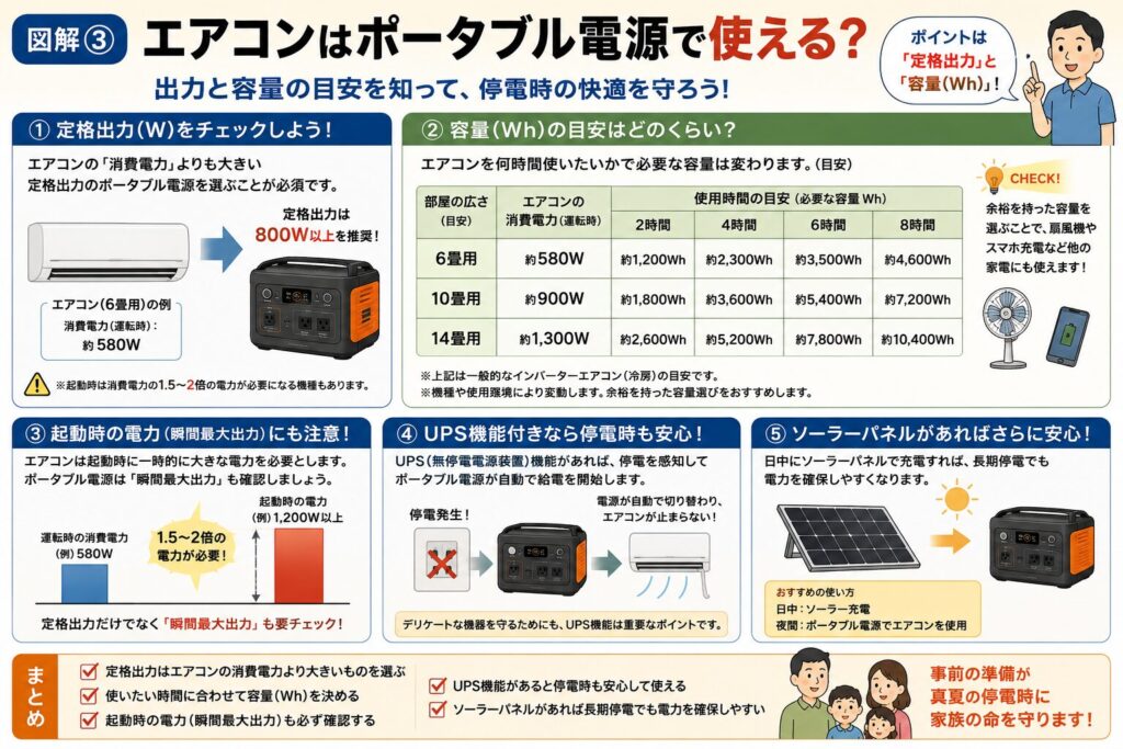 エアコンをポータブル電源で使用するための条件や考え方を分かりやすくまとめた図解。エアコンを動かす際に重要な「定格出力（W）」と「容量（Wh）」の違いを解説し、6畳・10畳・14畳用エアコンのおおよその消費電力や必要容量の目安を一覧で紹介。さらに、起動時に必要な電力（瞬間最大出力）、UPS（無停電電源装置）機能の役割、ソーラーパネルを活用した長時間の停電対策もイラスト付きで説明。停電時に家庭用エアコンを安全かつ現実的に運用するためのポイントをまとめた保存版インフォグラフィック。