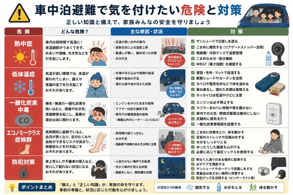 車中泊避難で注意したい危険と対策をまとめた図解。熱中症、低体温症、一酸化炭素中毒、エコノミークラス症候群、防犯対策について、それぞれの危険性、主な原因、具体的な対策を分かりやすく紹介しています。サンシェードやリアゲートストッパーによる換気、コードレス扇風機、水分補給、寝袋・マット、車内でのストレッチ、防犯対策など、安全に車中泊避難を行うためのポイントを視覚的に解説した内容です。