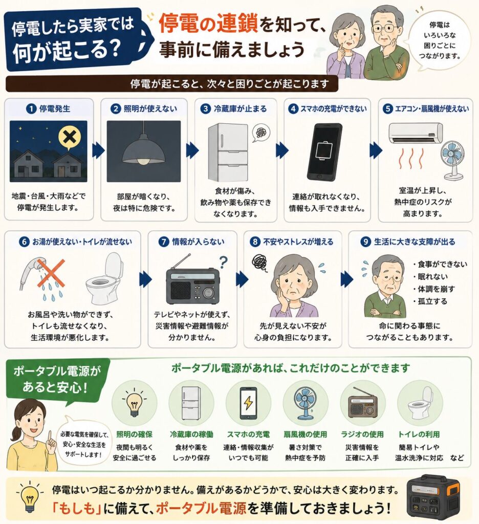 実家で停電が発生した場合に起こる影響と、その対策を分かりやすくまとめた図解です。停電によって照明や冷蔵庫、スマートフォンの充電、エアコン・扇風機、お風呂やトイレ、情報収集などが使えなくなり、高齢者の熱中症や生活への影響が大きくなる流れをイラスト付きで紹介しています。また、ポータブル電源があることで照明の確保、冷蔵庫の稼働、スマートフォンの充電、コードレス扇風機の使用、ラジオによる情報収集などが可能になり、停電時の安心につながることを分かりやすく解説した図解です。
