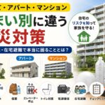 戸建て・アパート・マンションの違いを比較し、停電・断水・在宅避難など住まい別の防災対策を分かりやすく解説したアイキャッチ画像。
