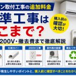 エアコン取付工事の追加料金を解説する記事のアイキャッチ画像。標準工事の範囲に加え、配管延長、化粧カバー、200V工事、室外機の特殊設置、古いエアコンの撤去・リサイクル費用を購入前に確認する重要性を示している。