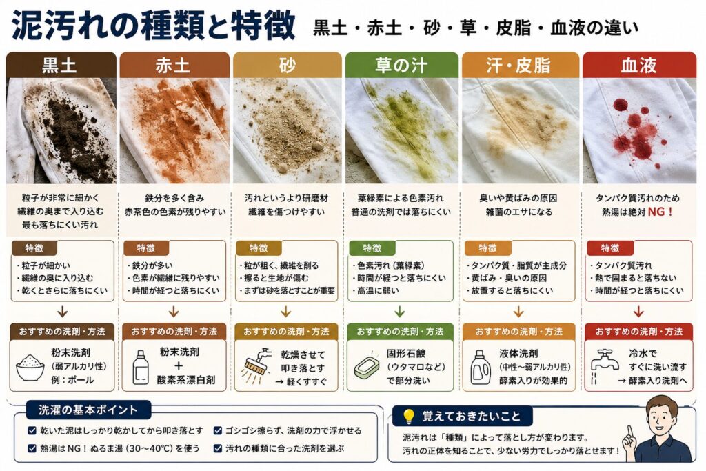 少年野球や作業着、上履きなどに付着する泥汚れの種類と特徴をまとめた図解。黒土、赤土、砂、草の汁、汗・皮脂、血液の6種類について、それぞれの汚れの特徴や落ちにくい理由、おすすめの洗剤や洗濯方法を比較して紹介している。黒土は粉末洗剤、赤土は酸素系漂白剤との併用、草の汁はウタマロ石鹸などの固形石鹸、汗や皮脂は液体洗剤、血液は冷水で洗い流して酵素入り洗剤を使用するなど、汚れの性質に合わせた洗濯方法を分かりやすく解説。あわせて、乾いた泥を先に落とすことや熱湯を避けること、ゴシゴシ擦らず洗剤の力で汚れを浮かせることなど、泥汚れを効率よく落とすための基本ポイントも紹介している。