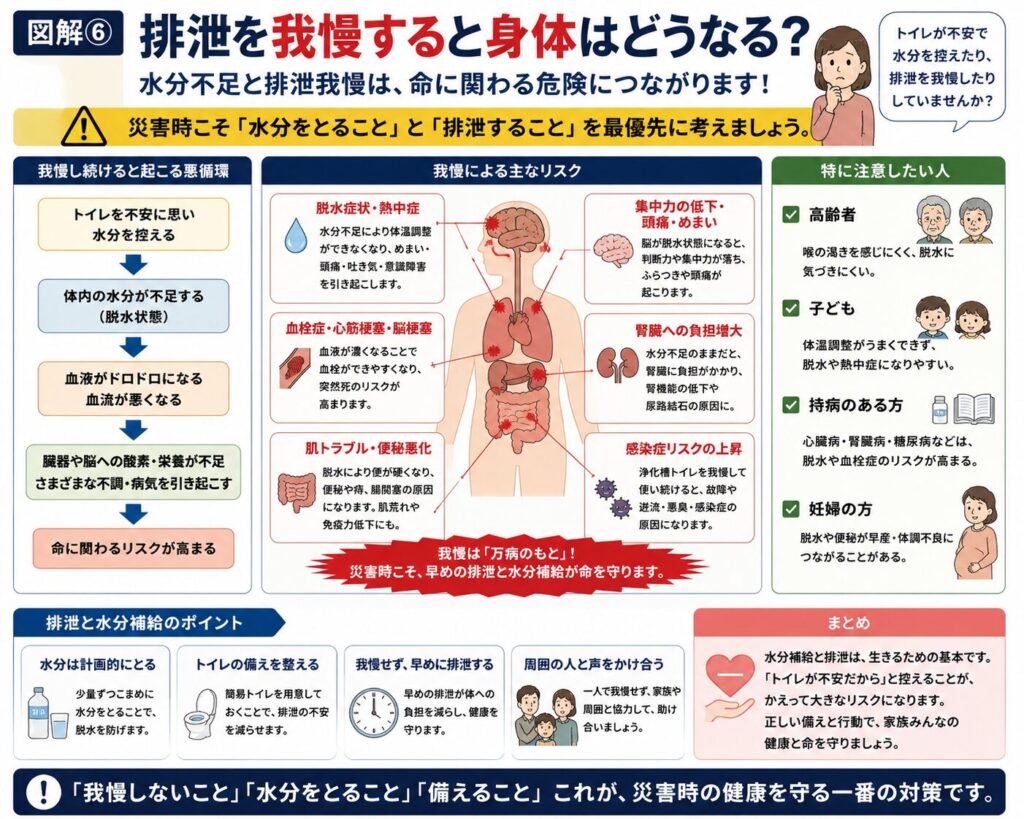 災害時に排泄を我慢したり、水分補給を控えたりすると身体へどのような影響が出るのかを解説した図解。『トイレが心配で水を飲まない→脱水→血液が濃くなる→熱中症・エコノミークラス症候群などのリスク上昇』という流れをフローチャートで示し、脱水、熱中症、便秘、尿路感染症、血栓(エコノミークラス症候群)の危険性を人体イラストとともに紹介している。さらに、高齢者や子どもは脱水の影響を受けやすいこと、水分補給と安心して排泄できる環境づくりが命を守ることにつながるとまとめている。